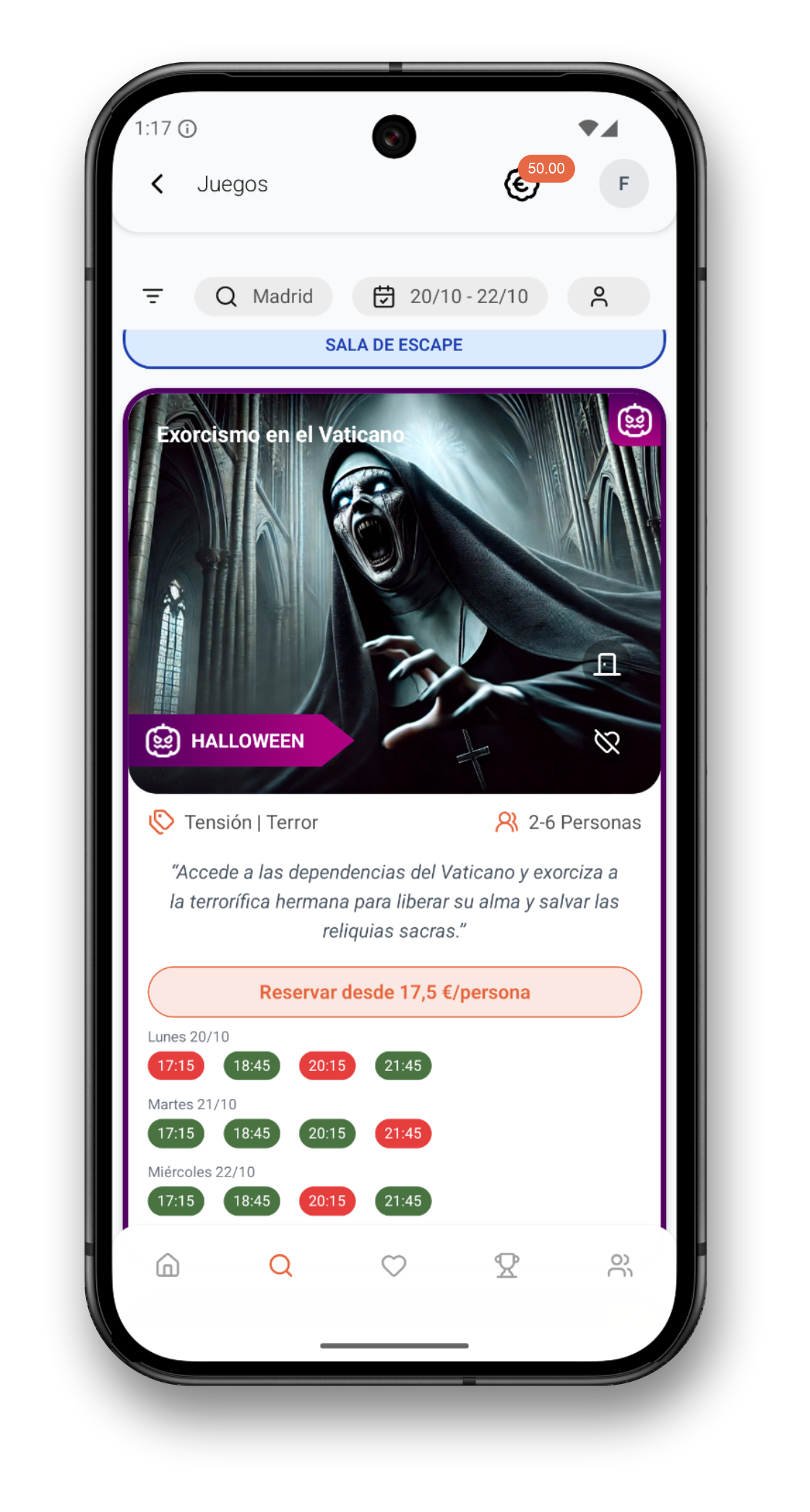 Pantallas de búsqueda, filtros y detalle del juego en la app
