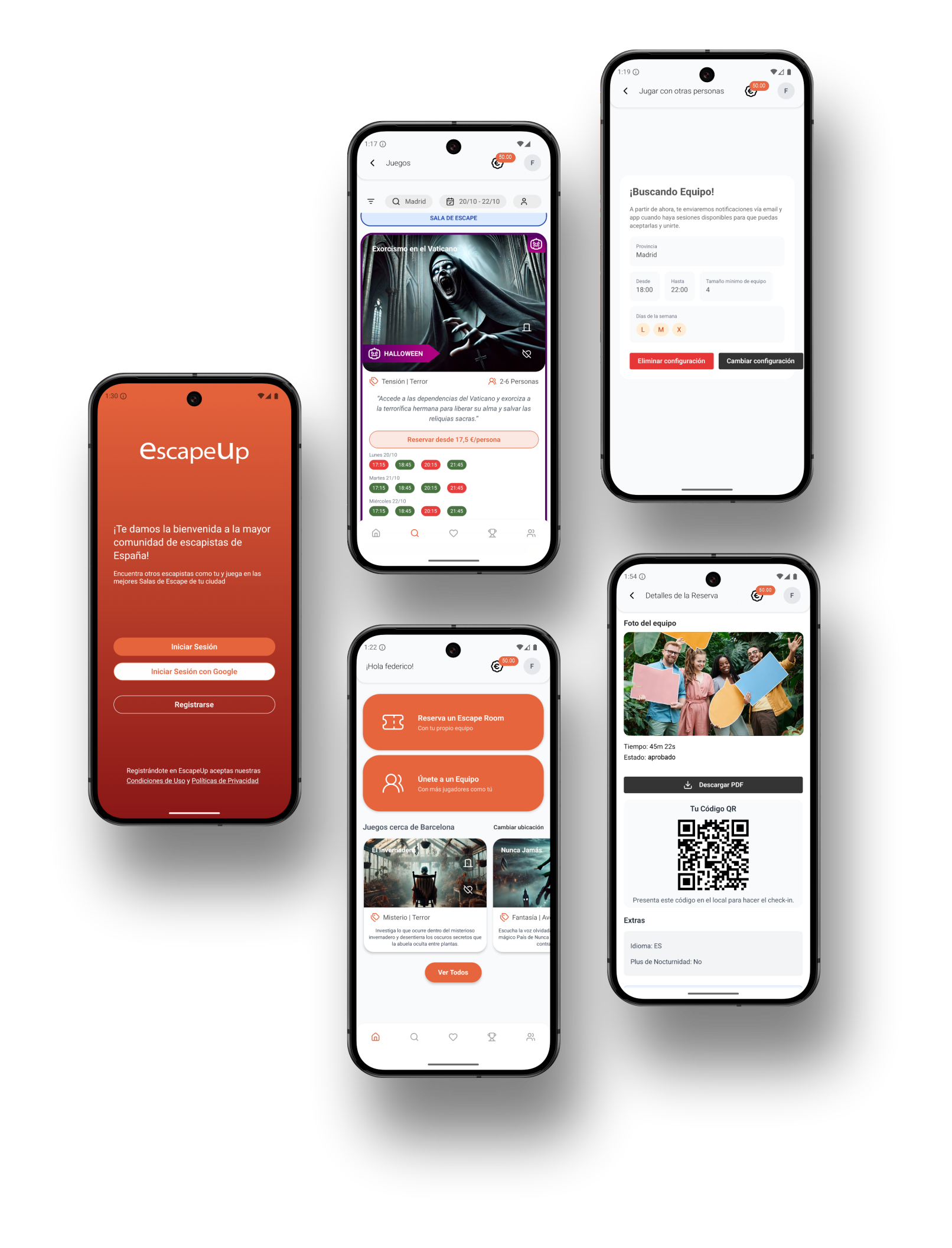 Mockup de la app móvil mostrando el listado de escape rooms