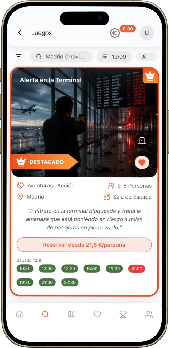 Buscador de la app de EscapeUp con un Escape Room destacado en Madrid