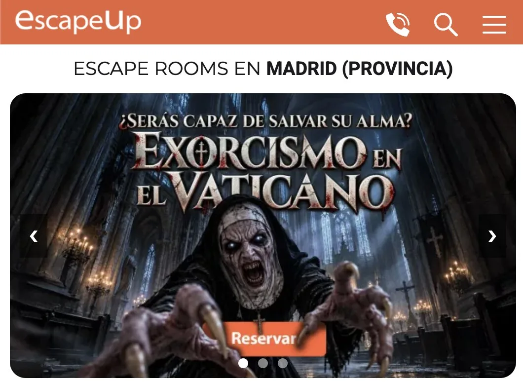 Banner promocional de un juego en lo alto de la página de Escape Rooms en Madrid, con su botón de Reservar