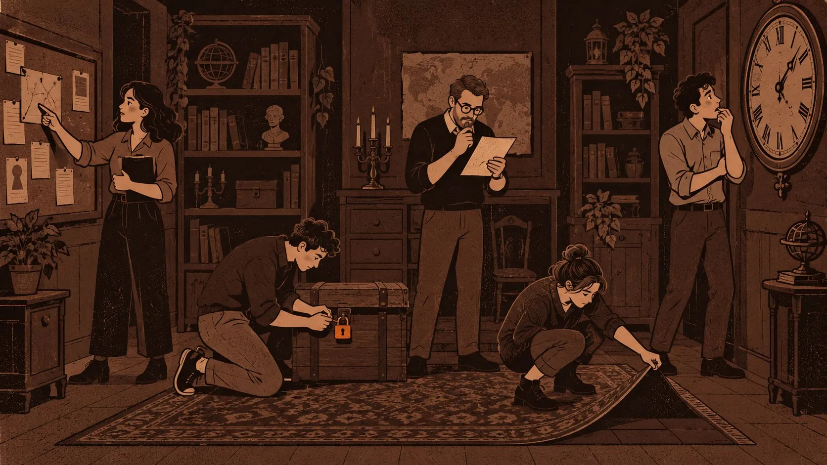 Un equipo de cinco personas resolviendo un escape room